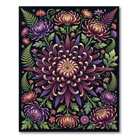 Ornate Dark Chrysanthemum Botanical Garden Rug