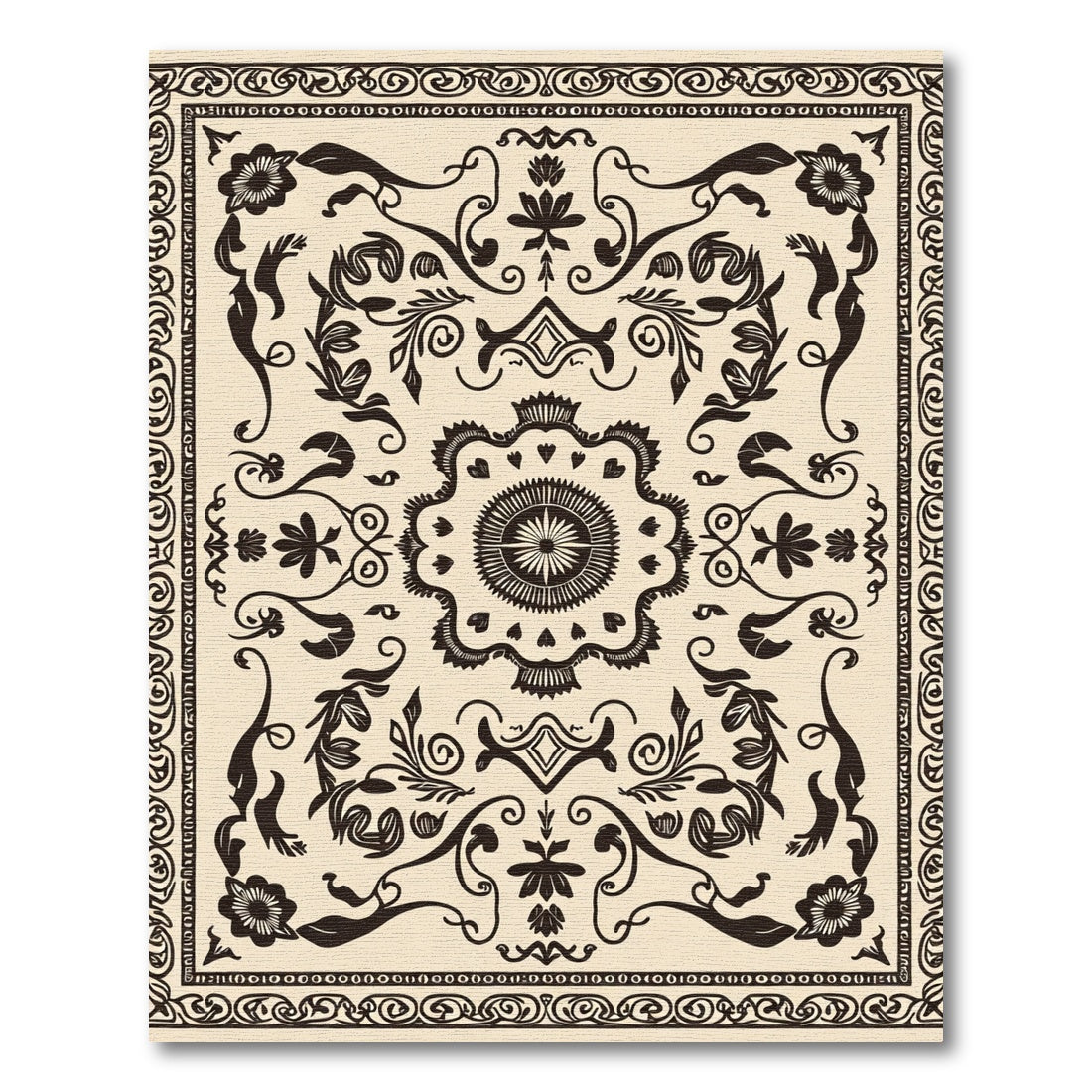 Cream Black Filigree Floral Medallion Rug