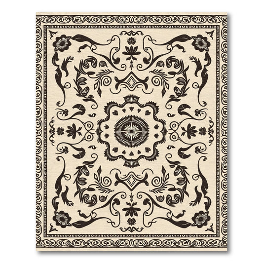 Cream Black Filigree Floral Medallion Rug