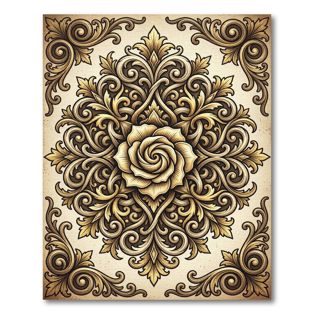 Intricate Golden Rose Ornamental Scrollwork Rug