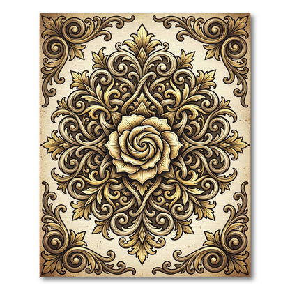 Intricate Golden Rose Ornamental Scrollwork Rug