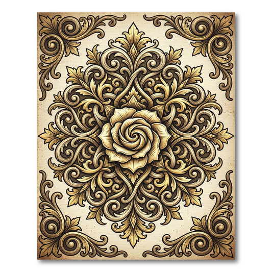 Intricate Golden Rose Ornamental Scrollwork Rug