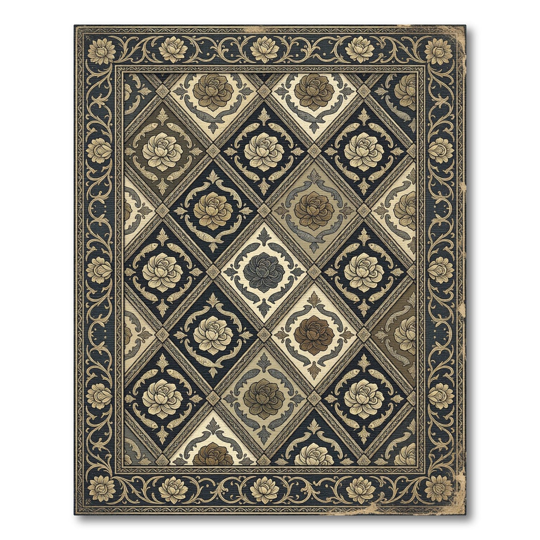 Ornate Beige Floral Diamond Border Rug