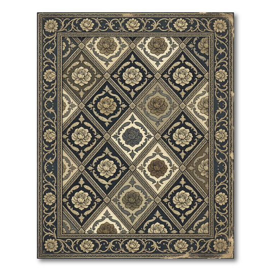 Ornate Beige Floral Diamond Border Rug