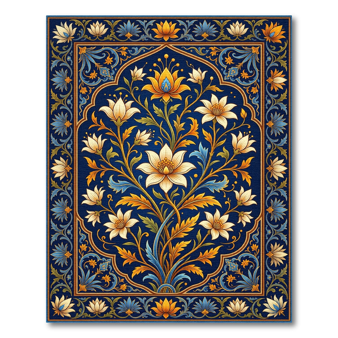 Intricate Navy Floral Blossom Medallion Rug
