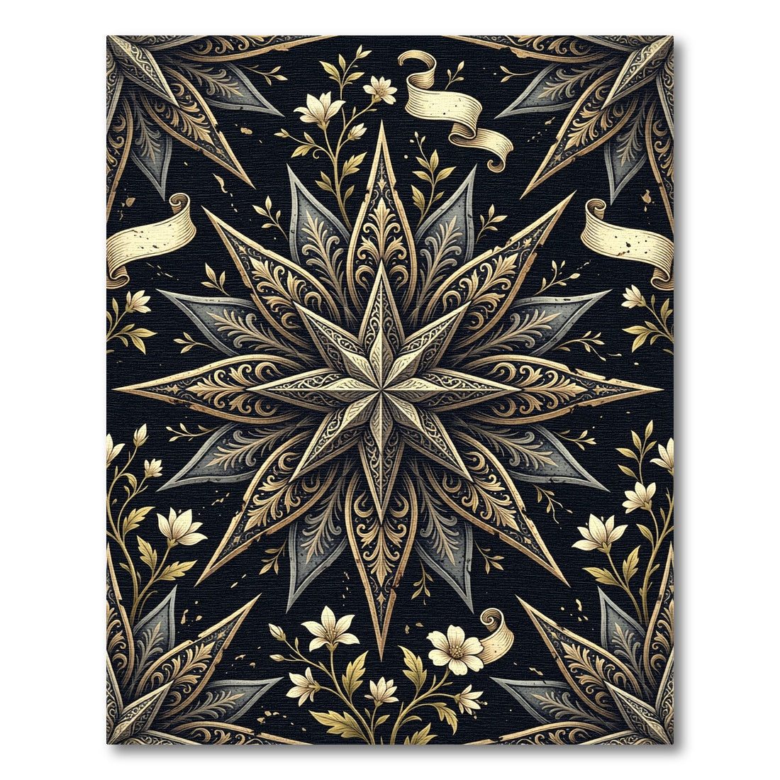 Ornate Gold and Black Floral Starburst Rug