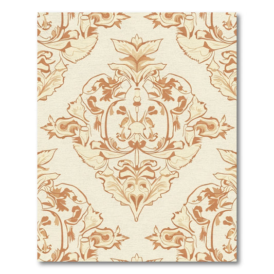 Ornate Beige and Brown Damask Scroll Rug