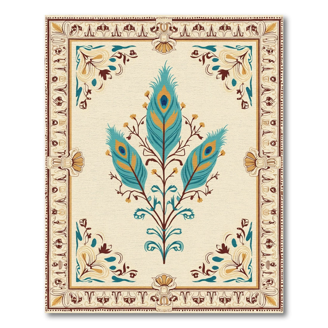 Turquoise Teal Peacock Feather Central Crest Rug