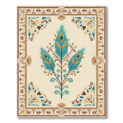 Turquoise Teal Peacock Feather Central Crest Rug