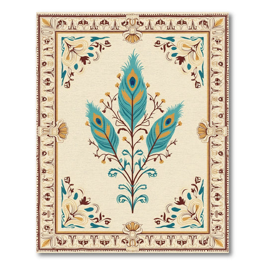 Turquoise Teal Peacock Feather Central Crest Rug