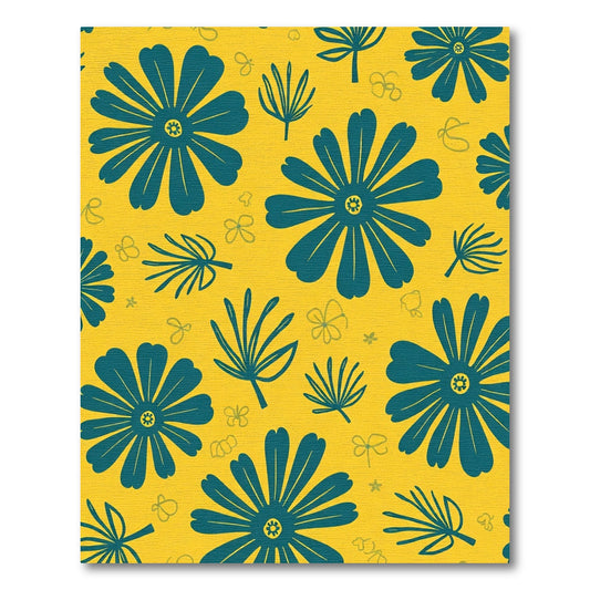 Teal Floral Composition Yellow Background Rug