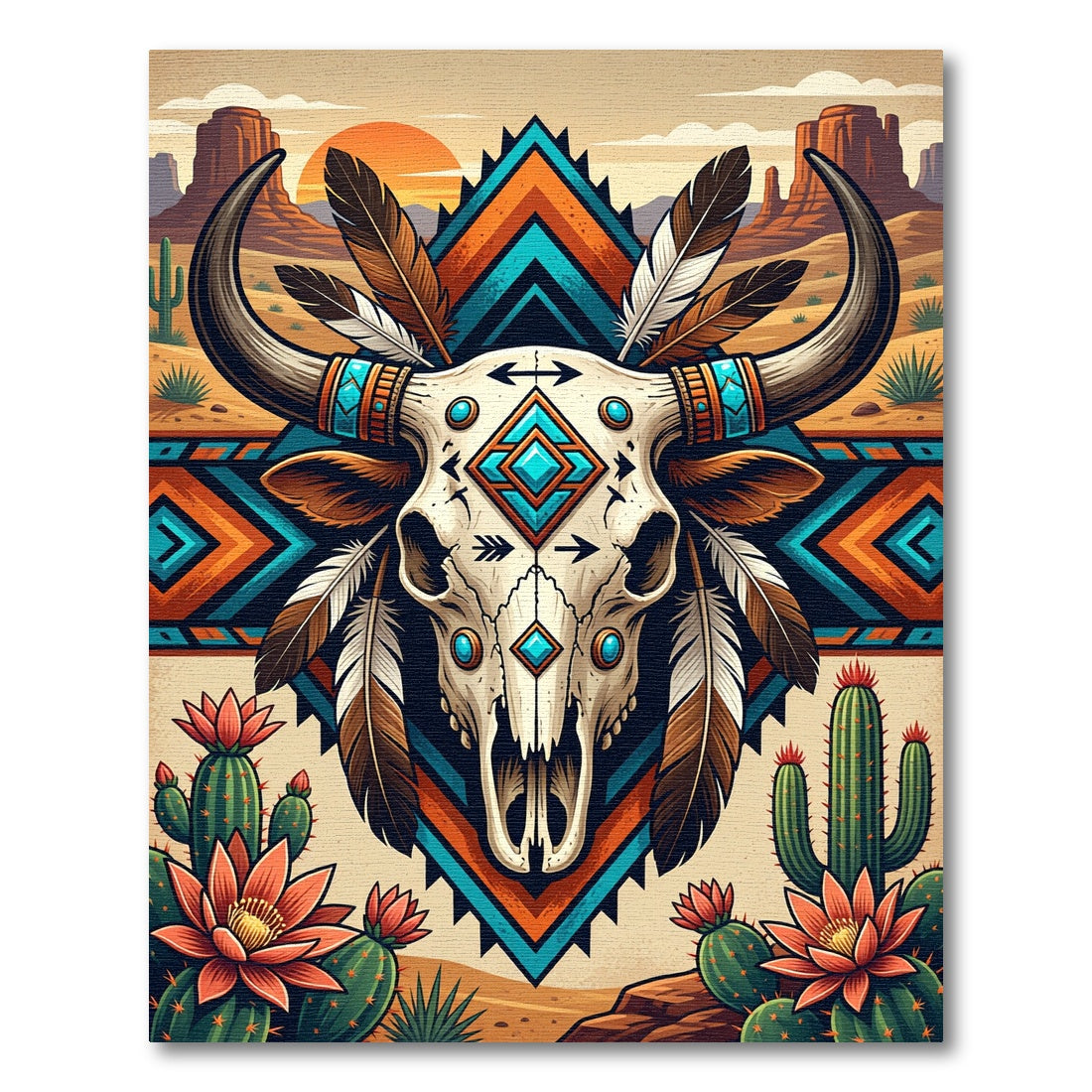 Southwestern Bull Skull Boho Diamond Rug