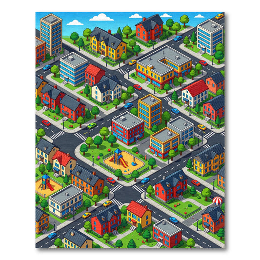 Playful Colorful Isometric City Rug