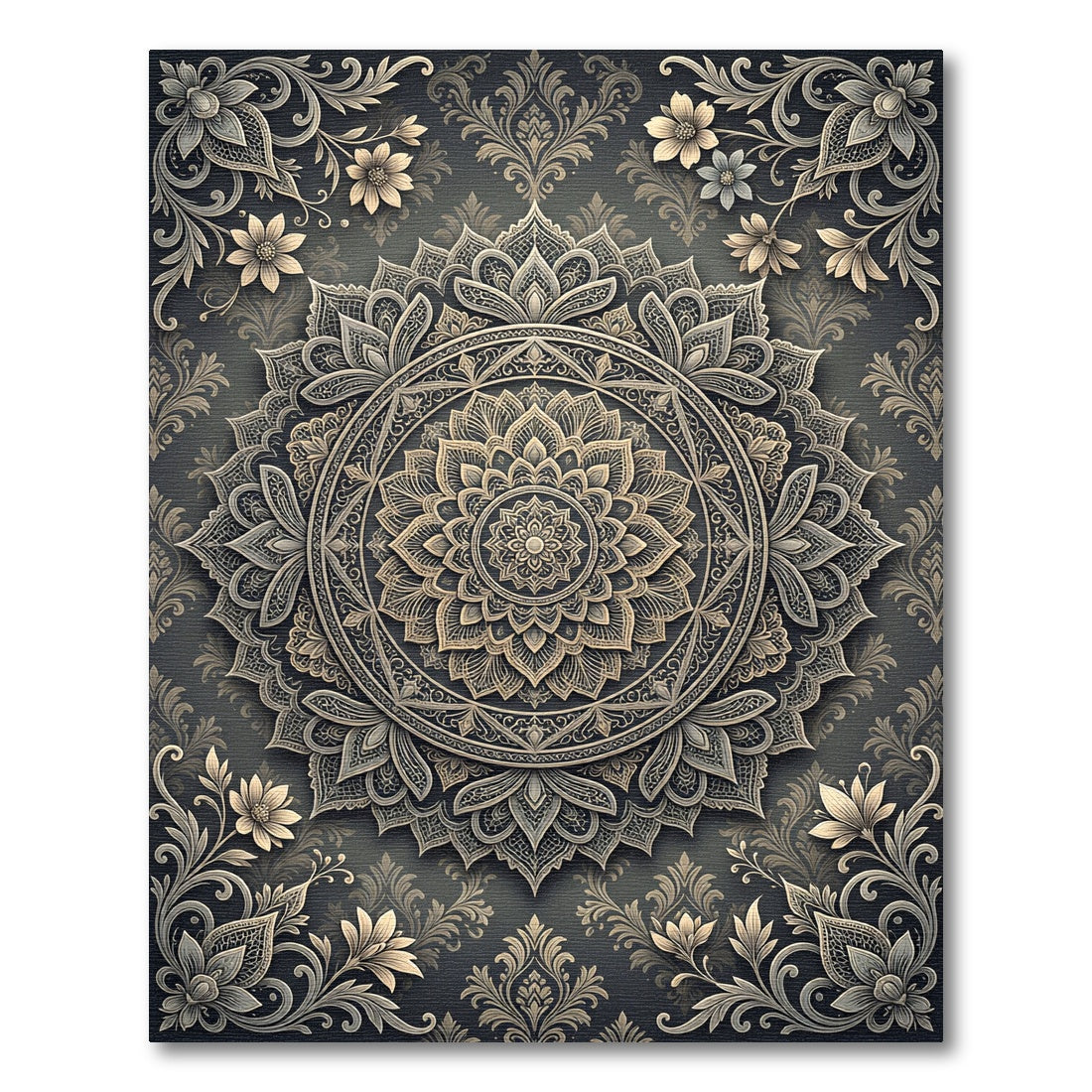Ornate Golden Floral Mandala Charcoal Rug