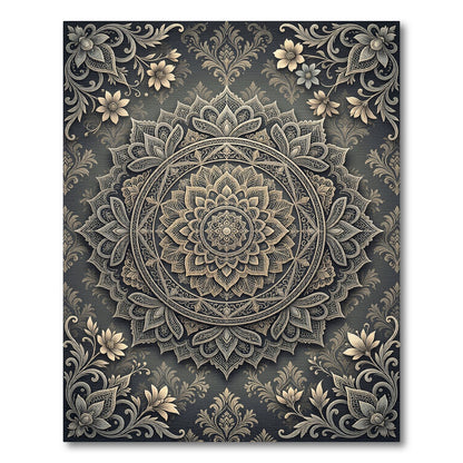 Ornate Golden Floral Mandala Charcoal Rug
