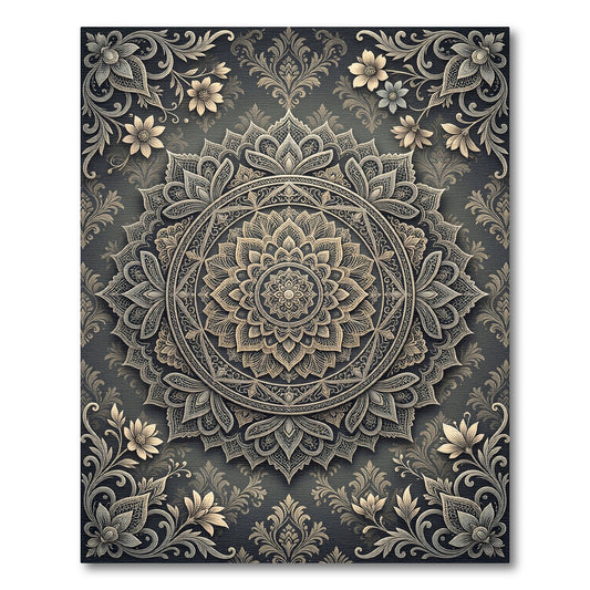 Ornate Golden Floral Mandala Charcoal Rug