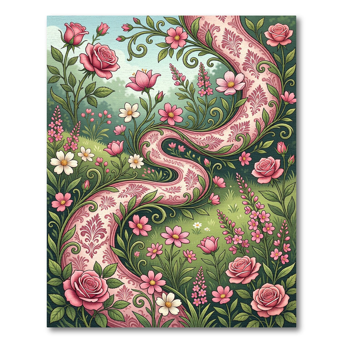 Pink Rose Damask Botanical Meadow Rug