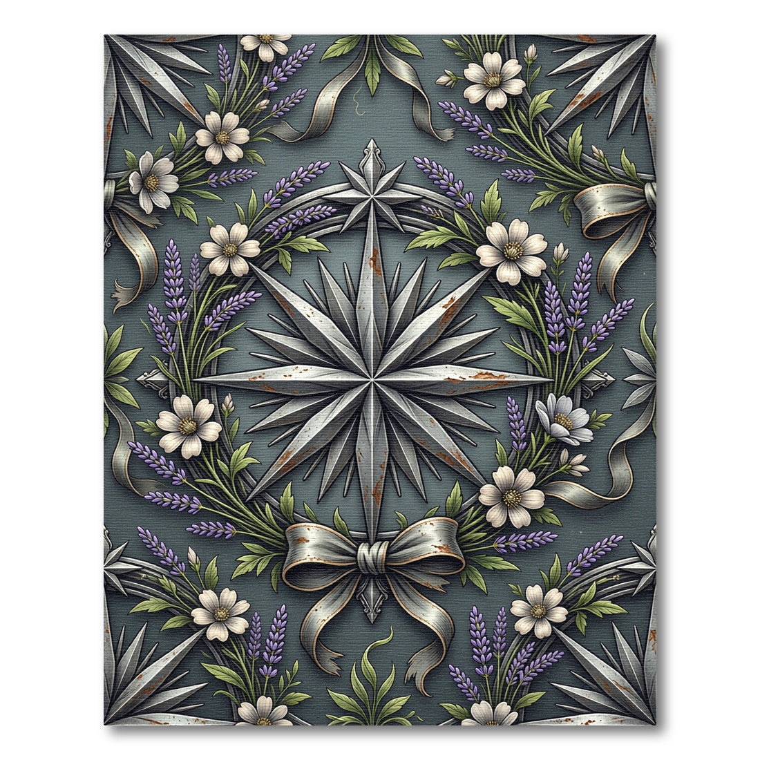 Rustic Silver Compass Lavender Floral Wreath Rug