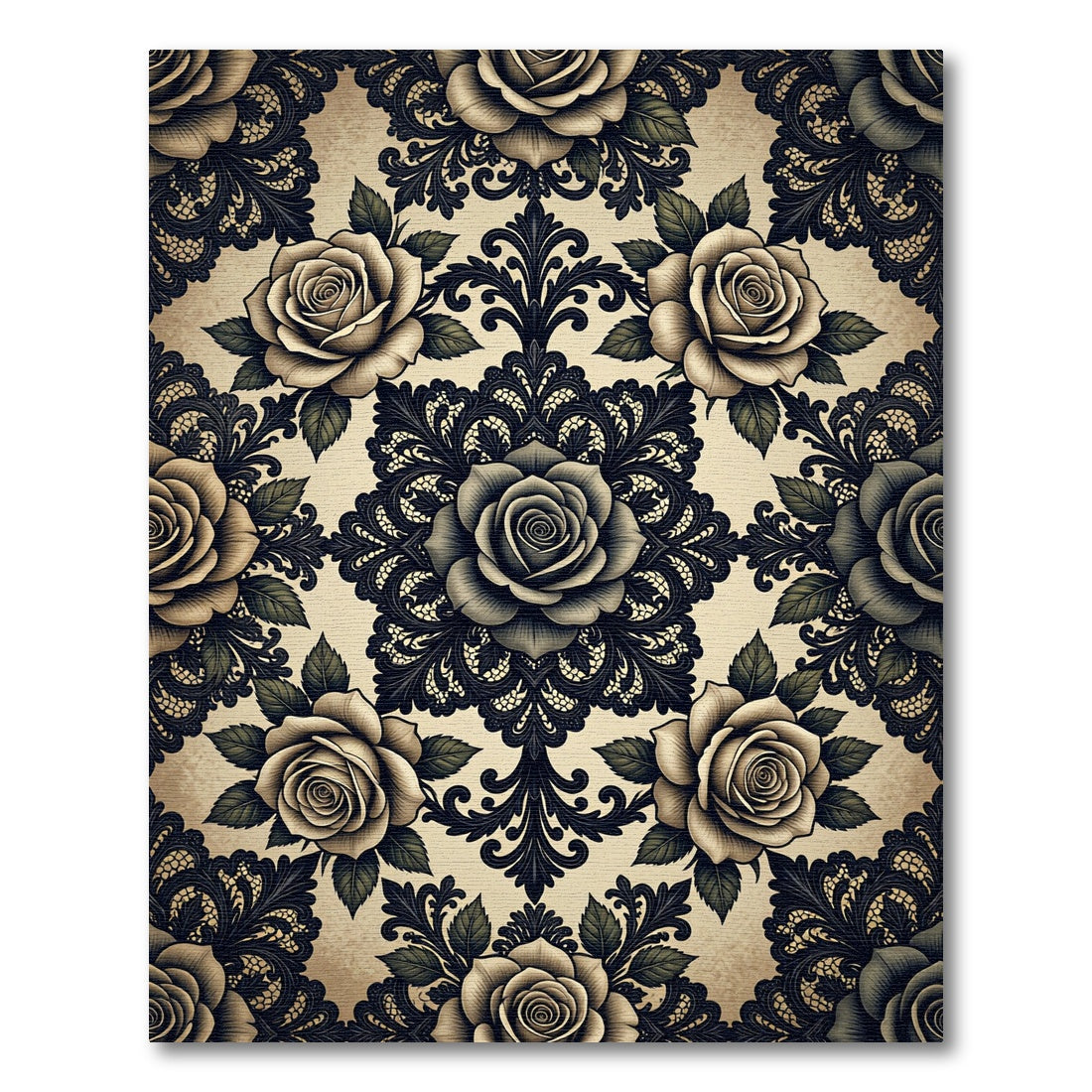 Vintage Black Floral Damask Rose Scroll Rug