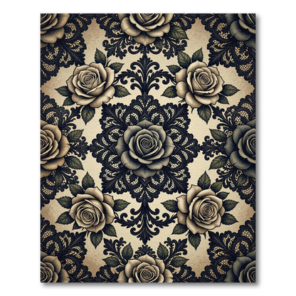 Vintage Black Floral Damask Rose Scroll Rug