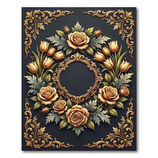 Elegant Gold Rose Floral Medallion Rug