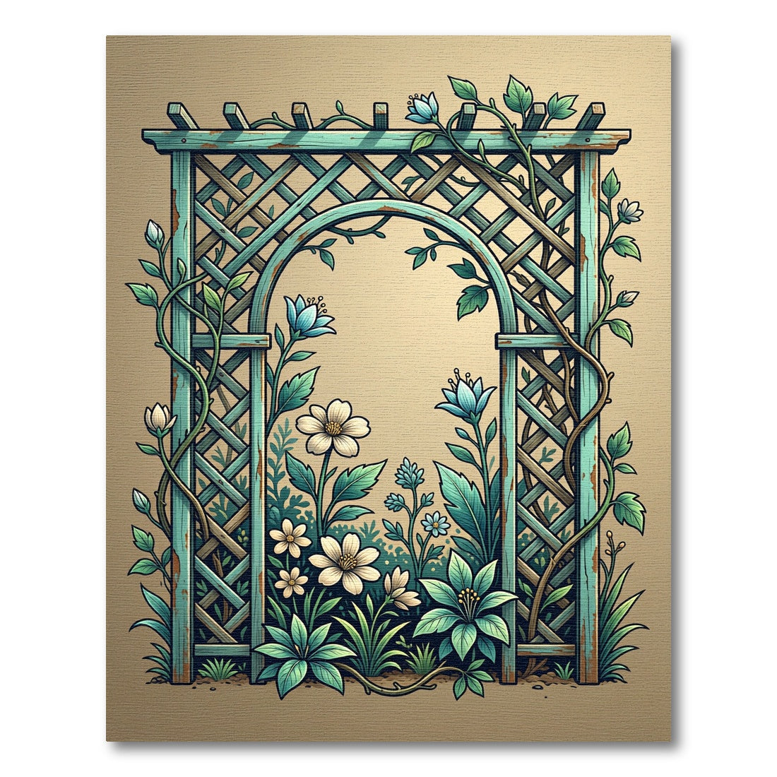 Teal Arched Lattice Botanical Garden Rug