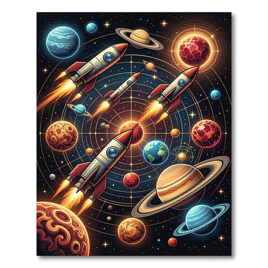 Vibrant Neon Rockets Planets Rug