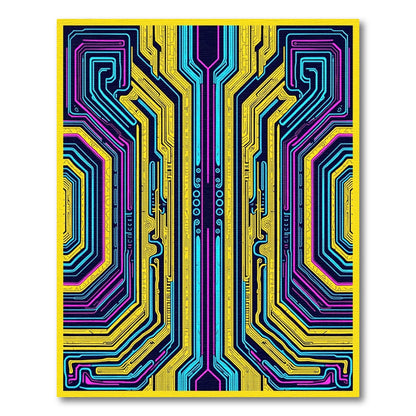 Cybernetic Yellow Blue Circuit Lines Rug