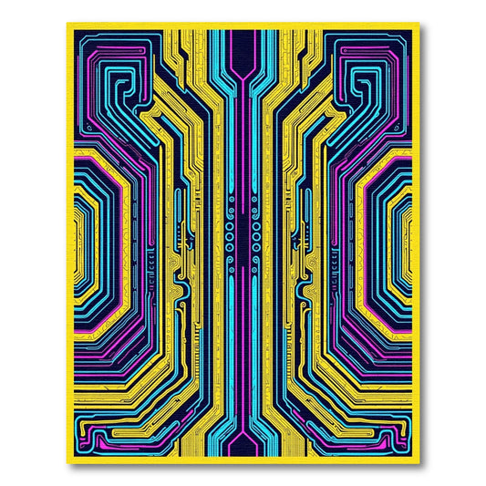 Cybernetic Yellow Blue Circuit Lines Rug