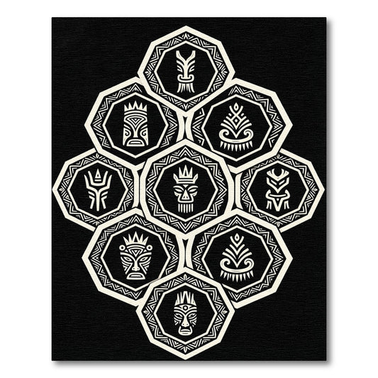 Monochrome Tribal Hexagon Totem Art Rug