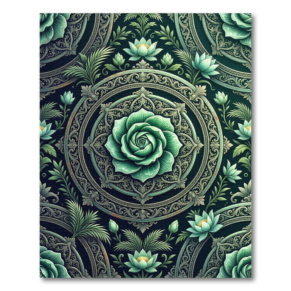 Elegant Emerald Lotus Floral Medallion Rug