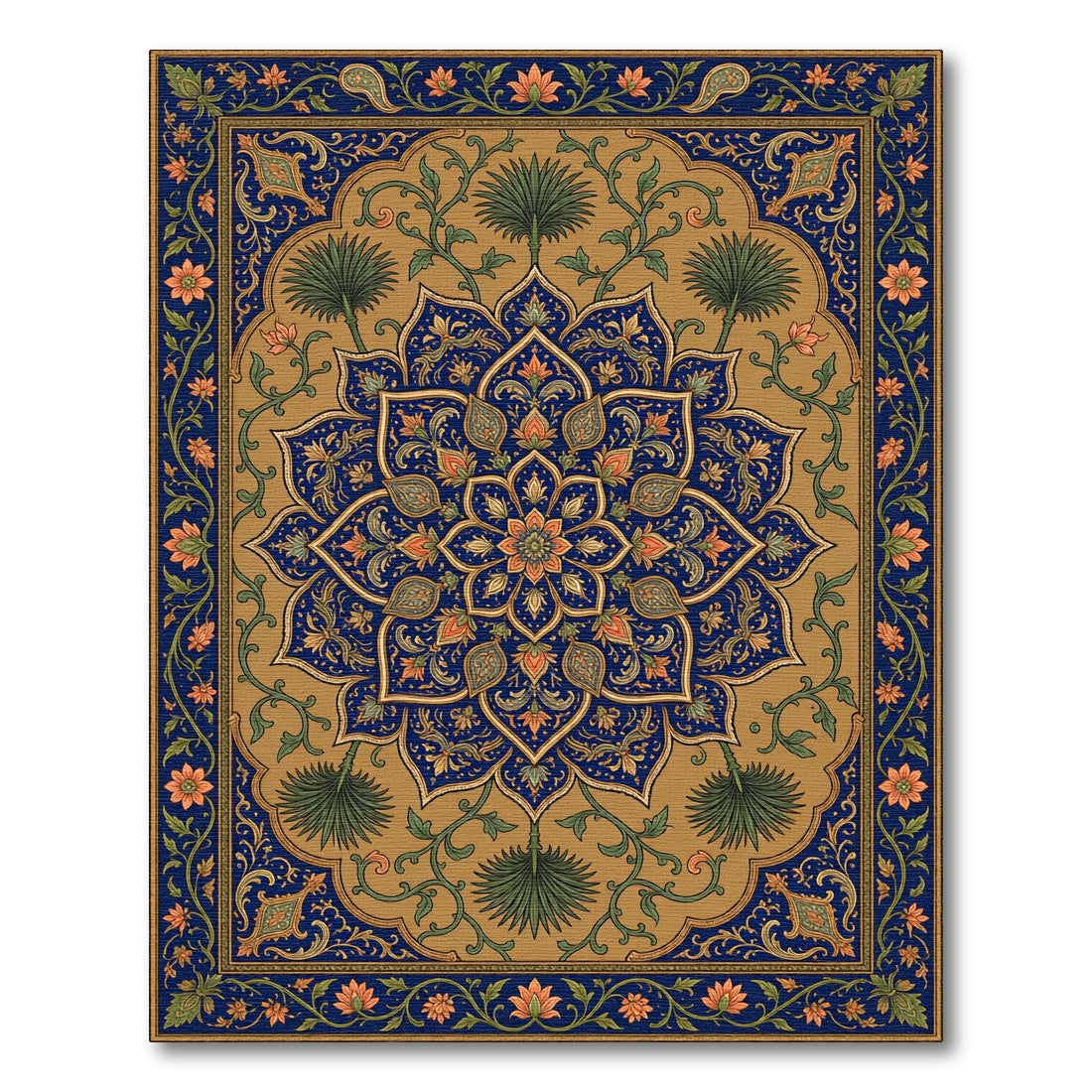 Ornate Navy Gold Floral Mandala Rug