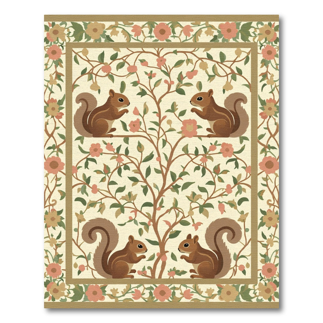 Whimsical Squirrels Floral Tree Border Rug