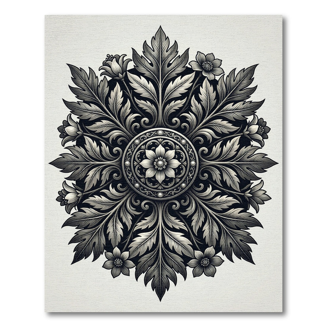 Ornate Black White Floral Medallion Rug
