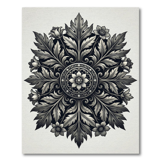 Ornate Black White Floral Medallion Rug