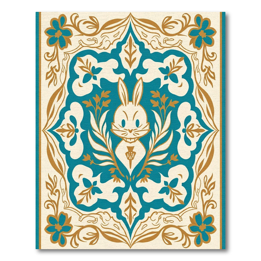 Whimsical Teal Rabbit Floral Frame Rug
