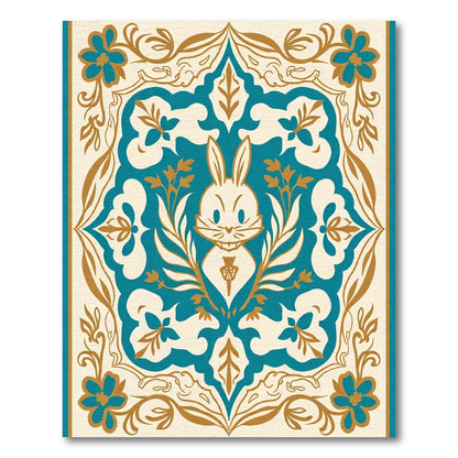 Whimsical Teal Rabbit Floral Frame Rug