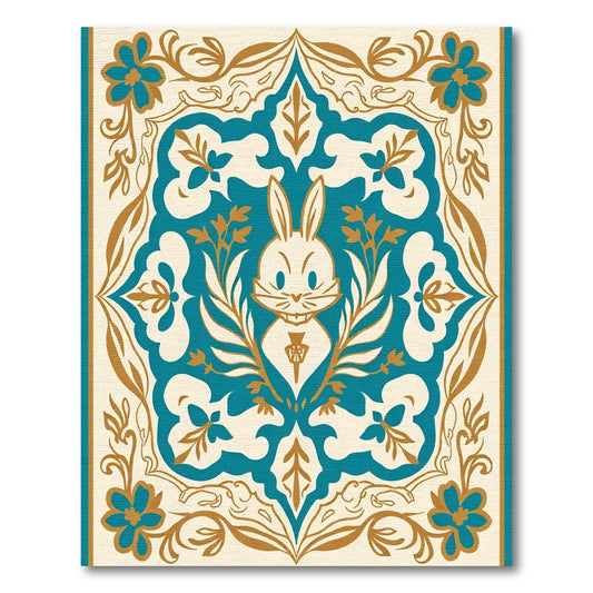 Whimsical Teal Rabbit Floral Frame Rug