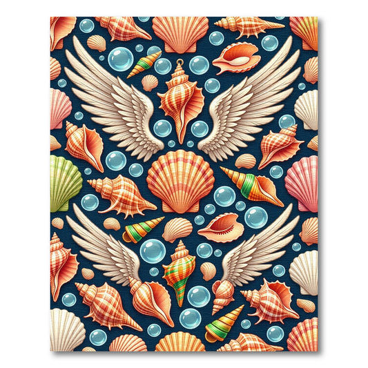 Winged Seashells on Dark Blue Ocean Rug
