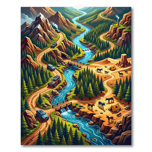 Vibrant Winding River Mountain Forest Rug