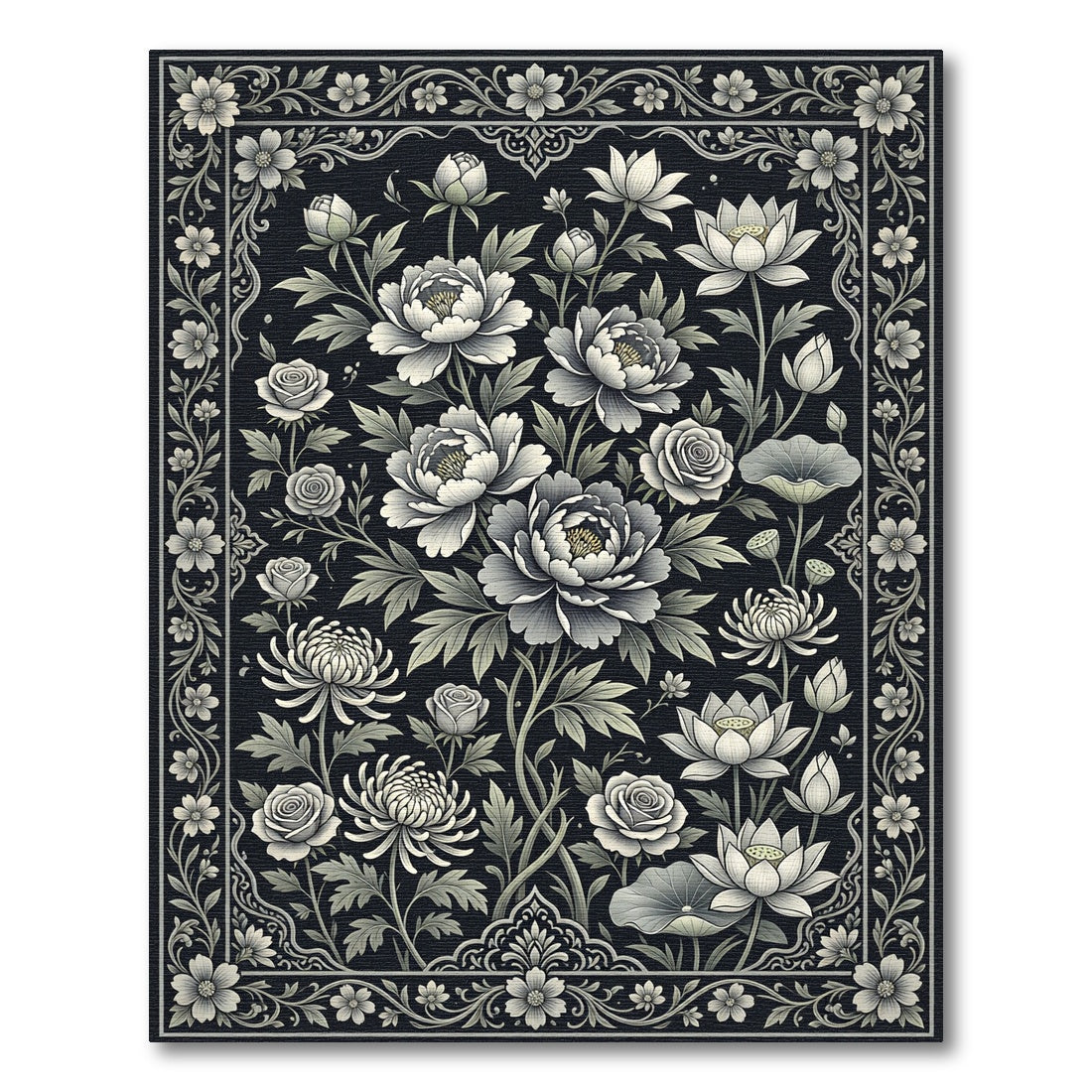 Monochromatic Floral Garden Border Rug
