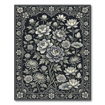 Monochromatic Floral Garden Border Rug