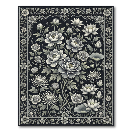 Monochromatic Floral Garden Border Rug