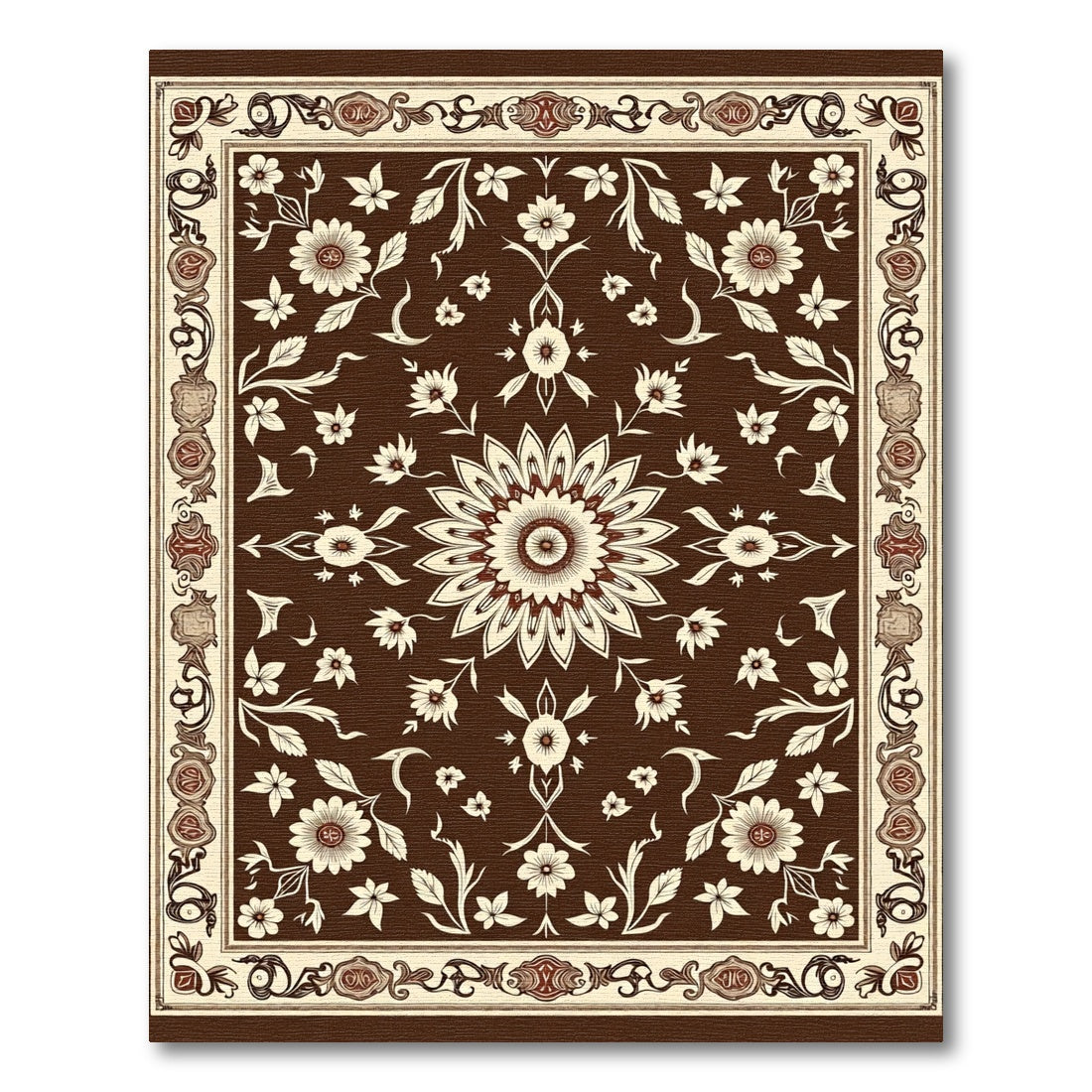 Rich Brown Ivory Floral Medallion Rug