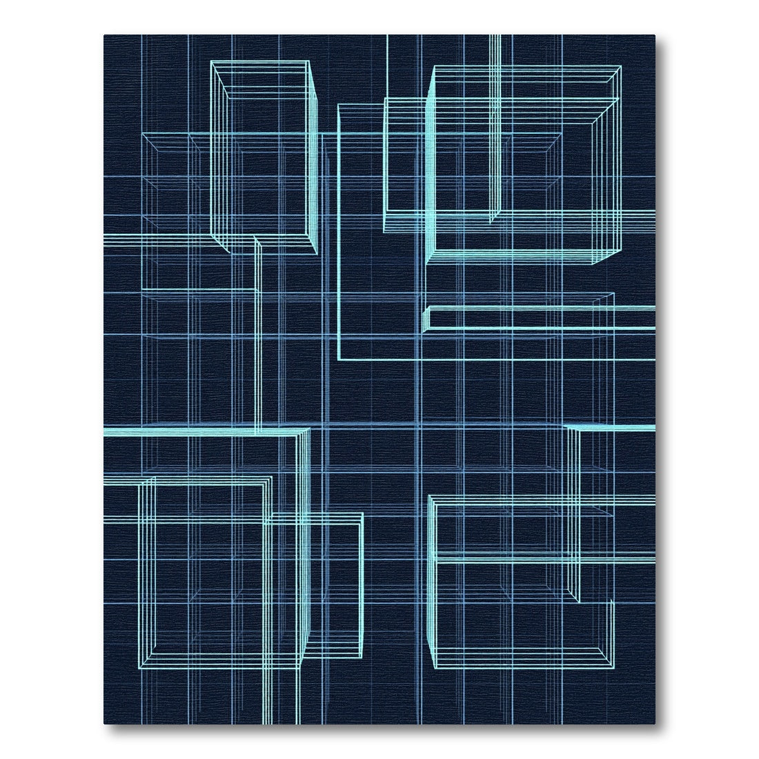 Electric Blue Wireframe Cube Grid Rug