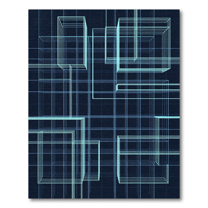 Electric Blue Wireframe Cube Grid Rug