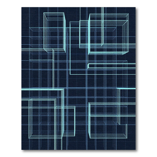Electric Blue Wireframe Cube Grid Rug