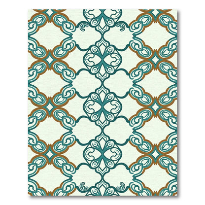 Teal Ochre Lattice Scrollwork Rug