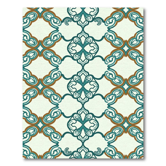 Teal Ochre Lattice Scrollwork Rug