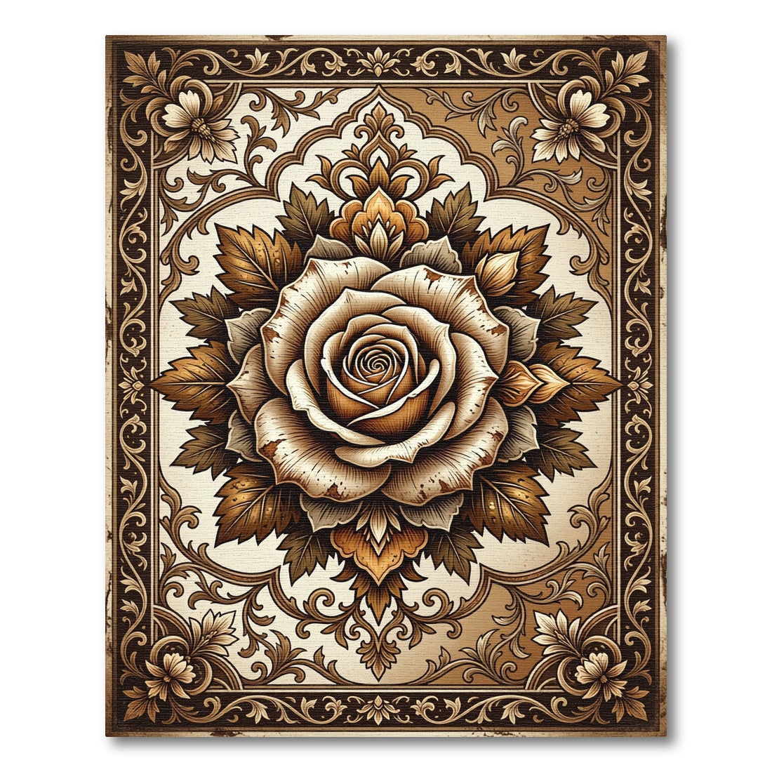 Ornate Sepia Antique Floral Rose Medallion Rug